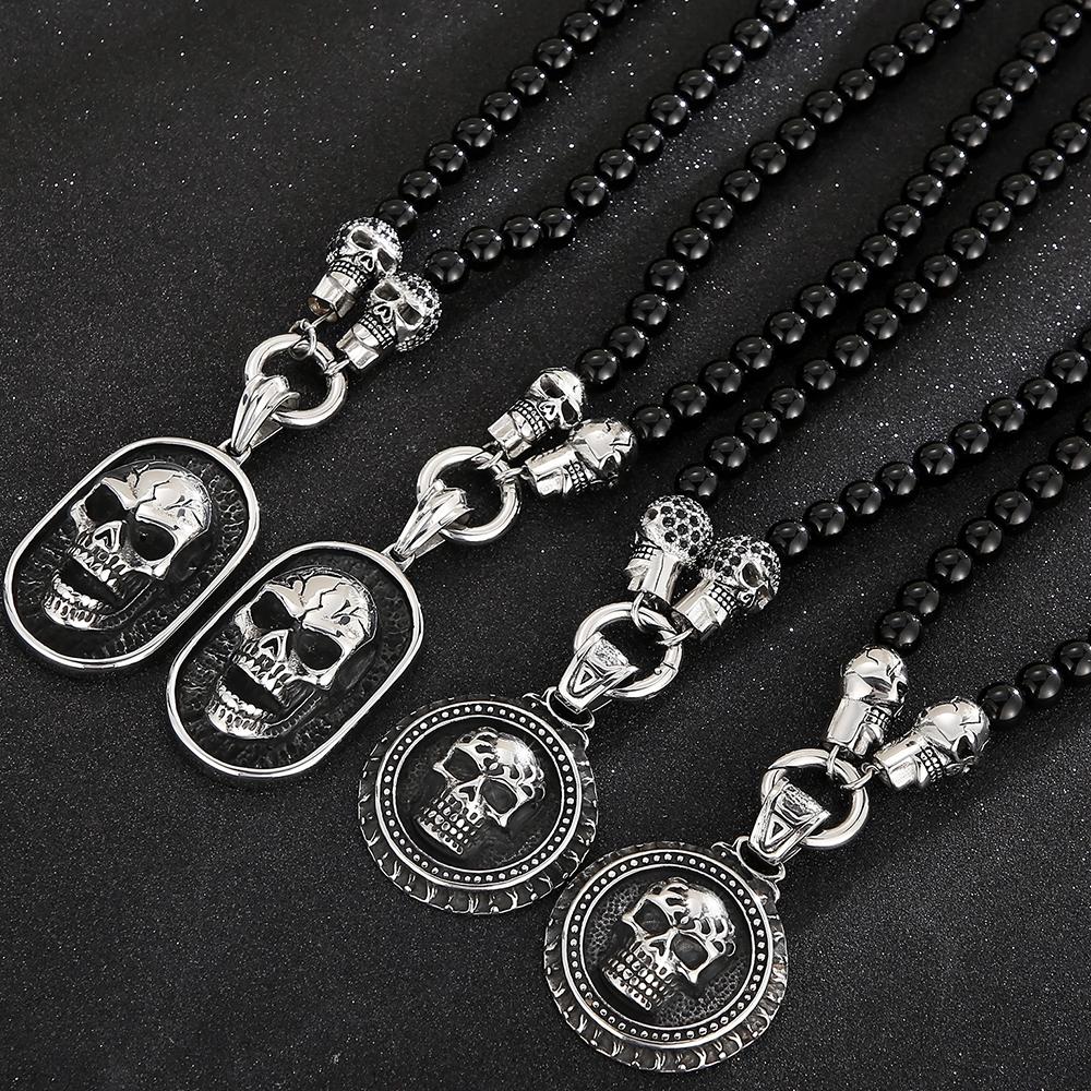 Collana con Pendente Teschio Faccia Testa Steampunk CZ da Uomo Larghezza 8MM Lunghezza 50CM Catena di Perline in Pietra Agata Gioielli in Acciaio Inossidabile