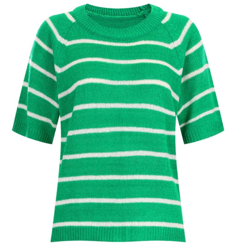 Shop Women Round Neck STriped Boucle ShorT Sleeve KniT T shirT Navy Frb Wkn