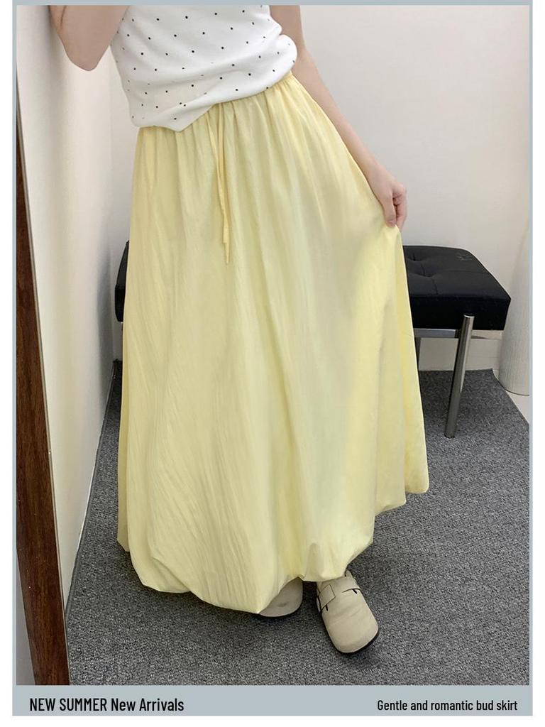 Damskirt med hög midja, elastisk, drapering och lykta, koreansk stil - Vår/Sommar