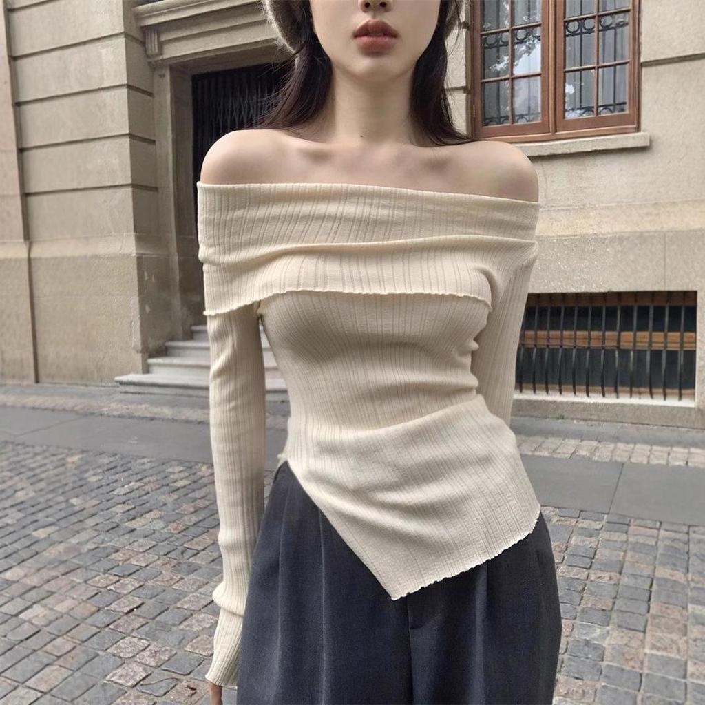 2024 French One-Shoulder Slit Knit Sweater: Women's Spring Irregular Slim-Fit Long Sleeve Top