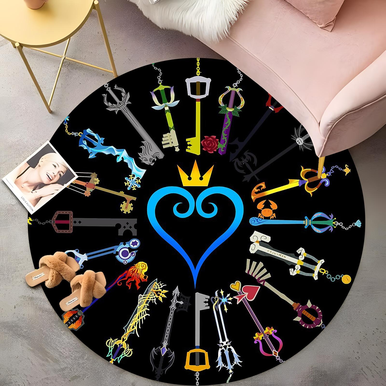 

Royal Key Collection Round Rug - Crowned Blue Heart with Colorful Keys Design, Bohemian Living Room Carpet, Non-Slip Floor Mat 60cm
