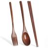 WIKHOSTAR Vaisselle en bois naturel, 3 pièces, cuillère, baguettes, fourchette, vaisselle Portable