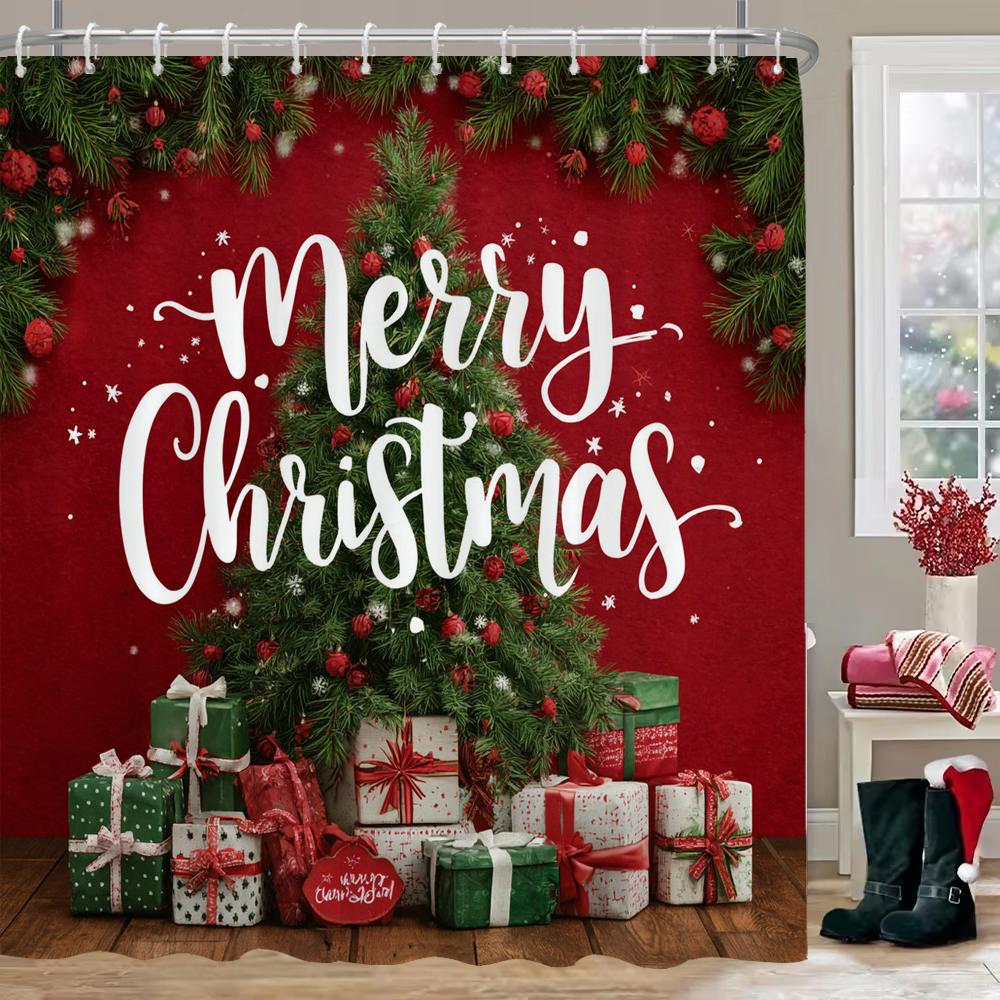 Merry Christmas Shower Curtain, Bathroom Decorative Shower Curtain, Home Decoration Christmas Gift Curtain with Hooks