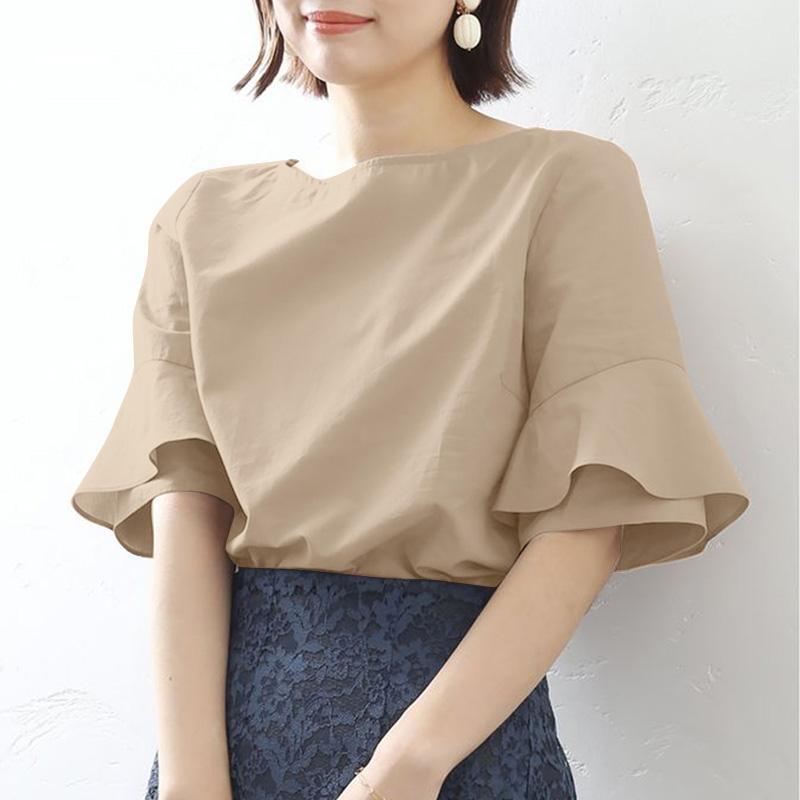 ZANZEA Damen Lässig Rundhals Rüschenärmel Locker Sommerbluse