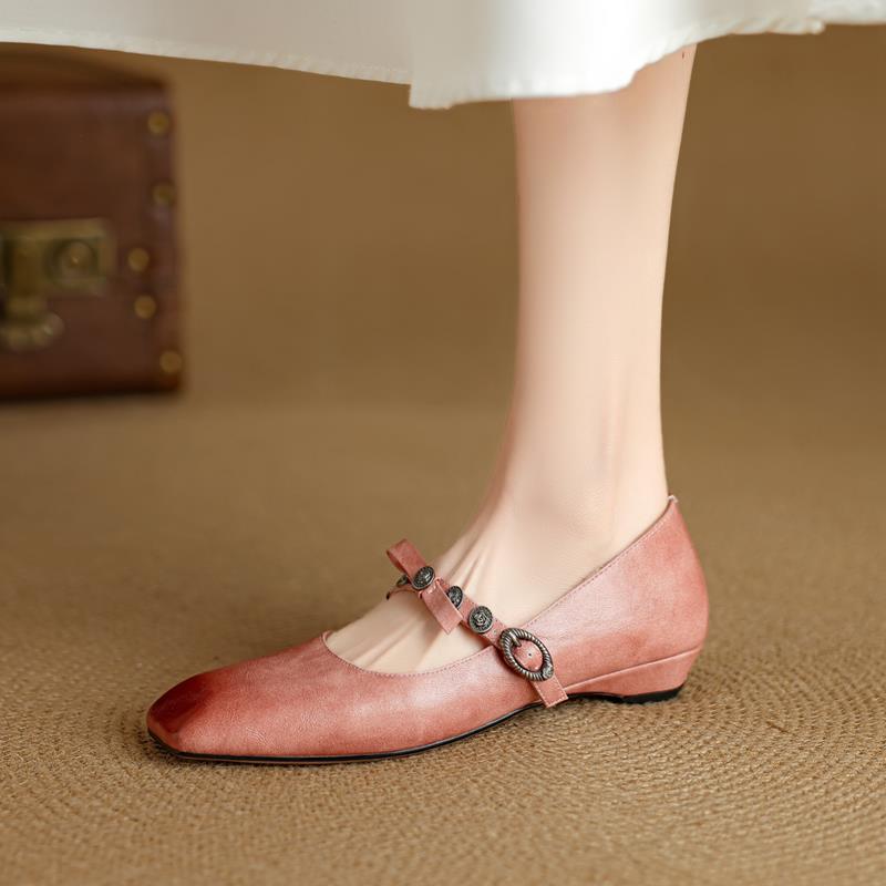 Sheepskin~ New Retro Single Shoes Women's Skirt Beautiful Small Leather Shoes Bow Metal One-word Buckle Mary Jane Shoes