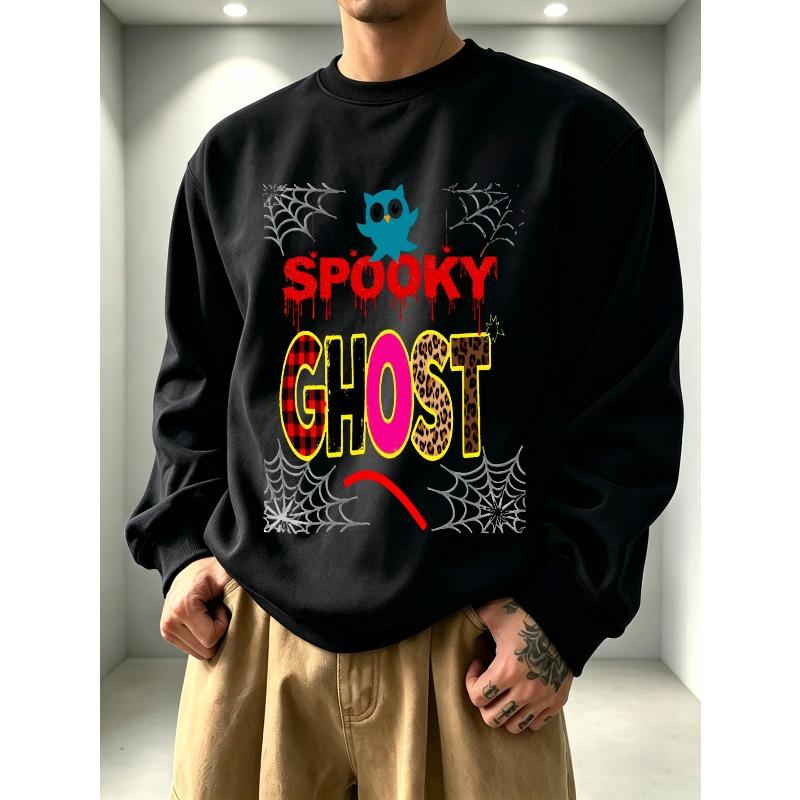 Men'S Graphic Print Crew Neck Sweatshirt, Retro Streetwear Style, Halloween Pattern,Comfortable Everyday Streetwear, Casual Outdoor Apparel