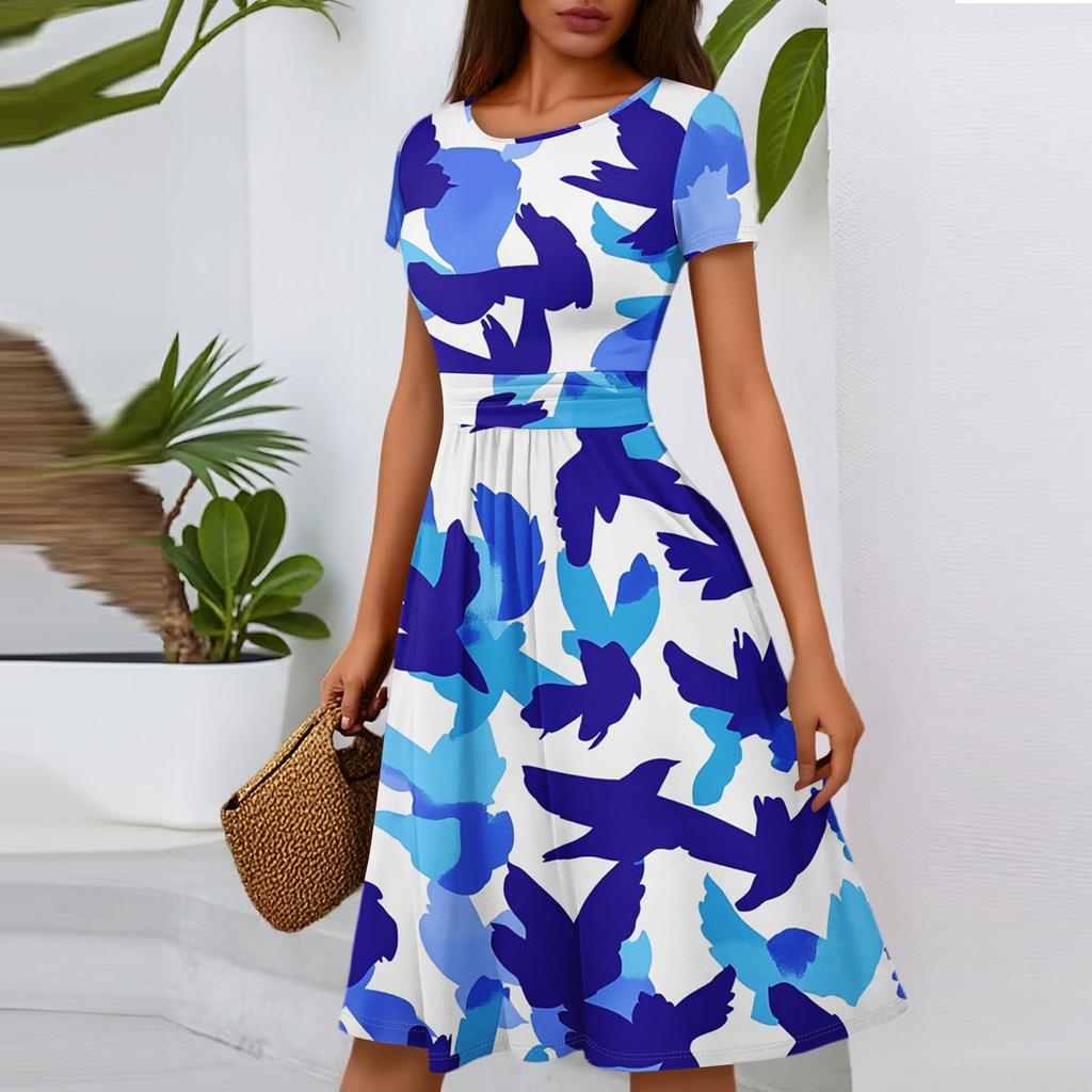 Women's Casual Fashion Round Neck Pleated Short Sleeve Floral Print A-Line Midi Dress