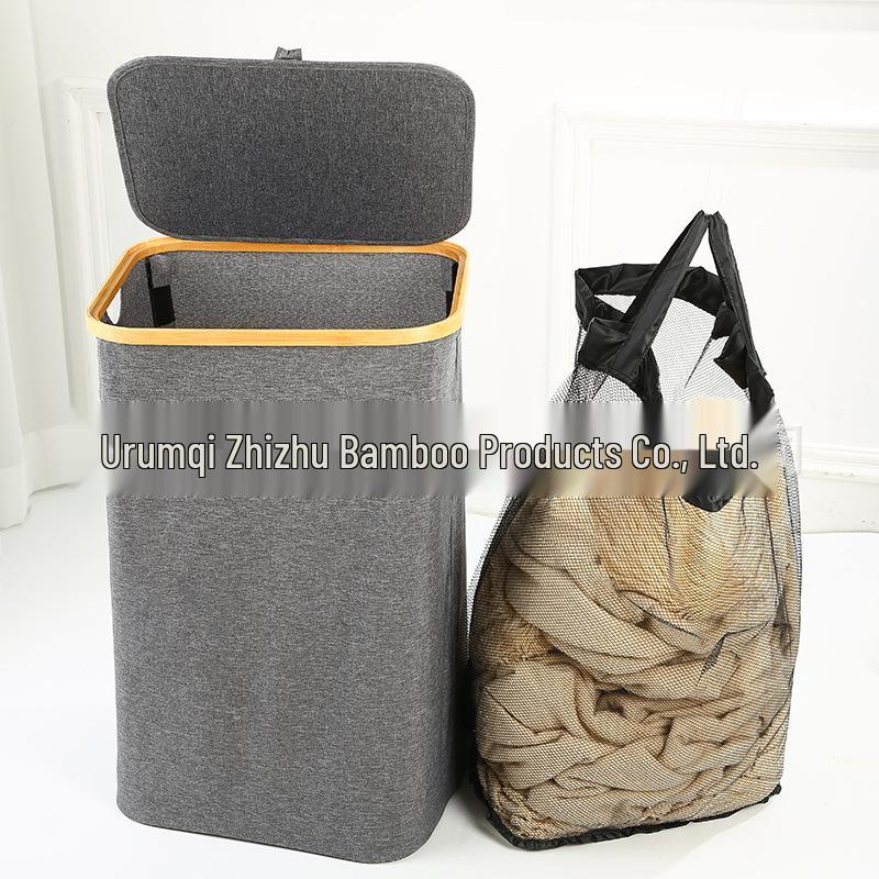 Foldable Bamboo Laundry Basket with Lid and Inner Cloth Bag for Home and Bathroom Use Size 40.5*33*65