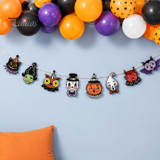 Halloween Party Decorations 8Pcs Bunting Banner, Pumpkin Ghost Bat Witch Cartoon Hanging Garland, Indoor Holiday Wall Banners Retro Wooden Flag