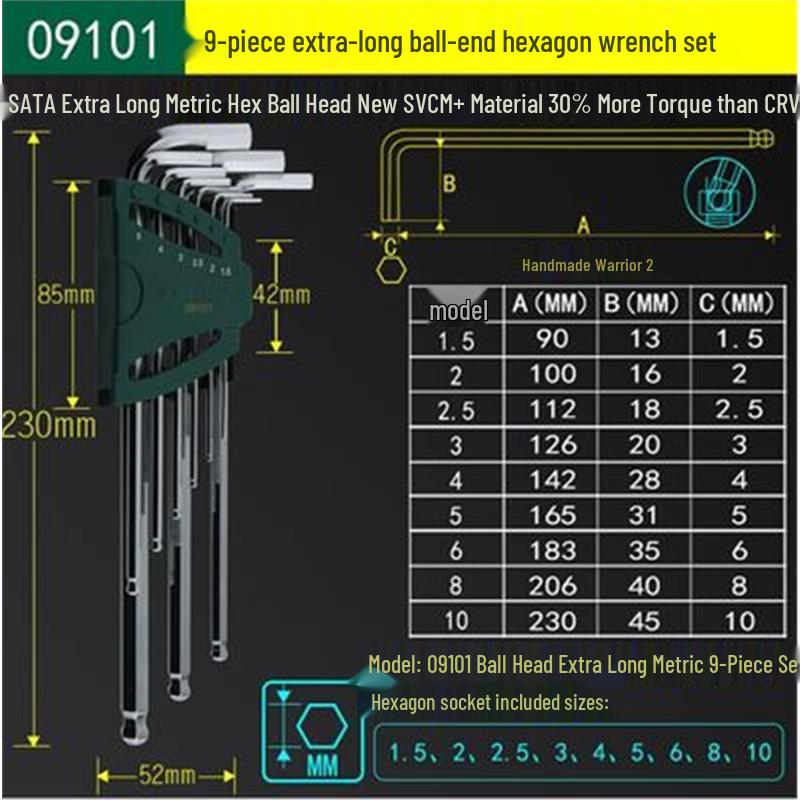 SATA 9-Piece Extra Long Metric Hex Key Set, Ball End, Stainless Steel, Flat Head
