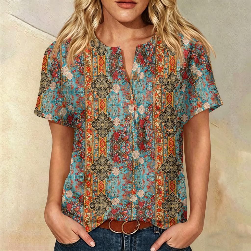 Women Floral Print Henley Neck Short Sleeve Cotton Linen Shirt with Front Pocket and Button Loose Fit Top