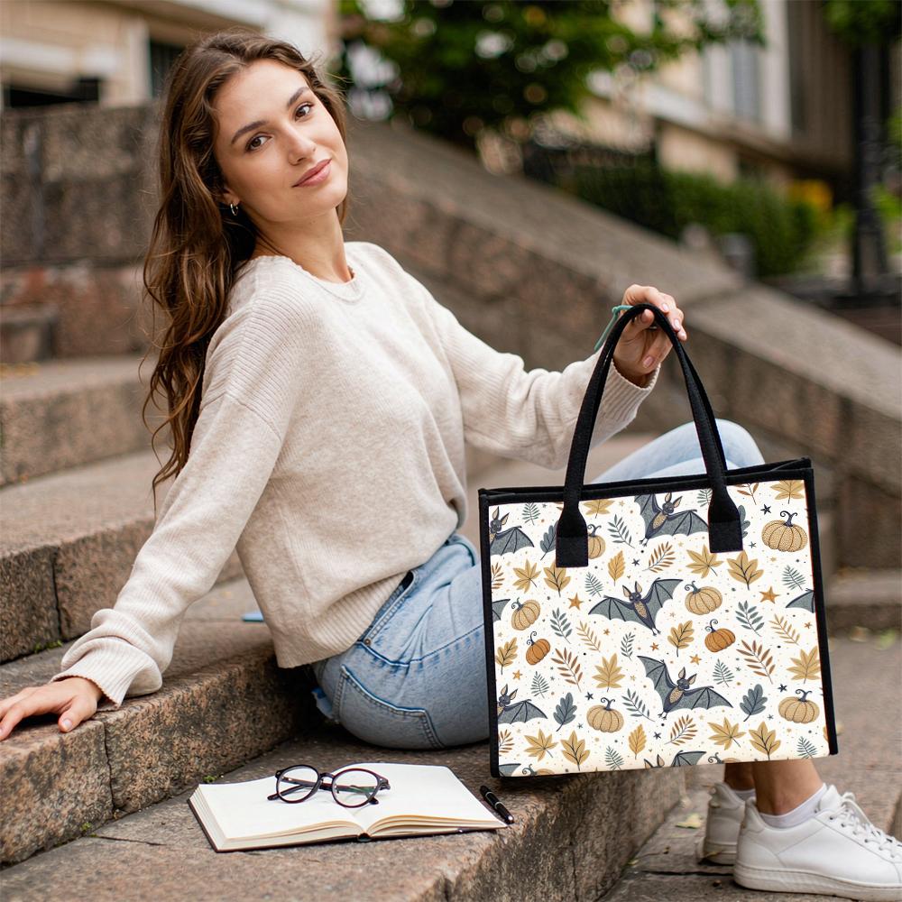 Halloween Pattern Pumpkin Bat Tote Bag Portable Fashion Autumn Daily Handbag for Women