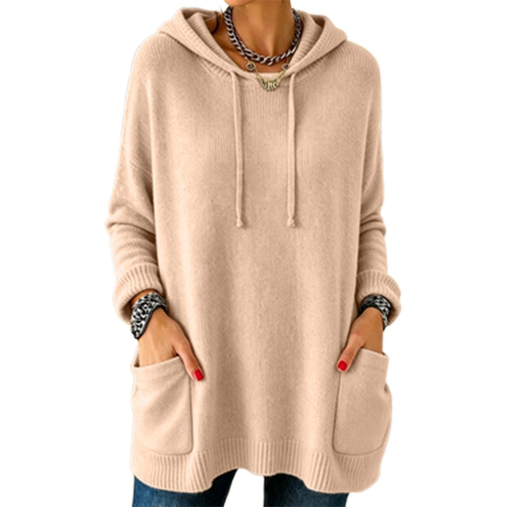 Women's round-neck solid-color long-sleeved double-pocket hooded sweater in knitted fabric