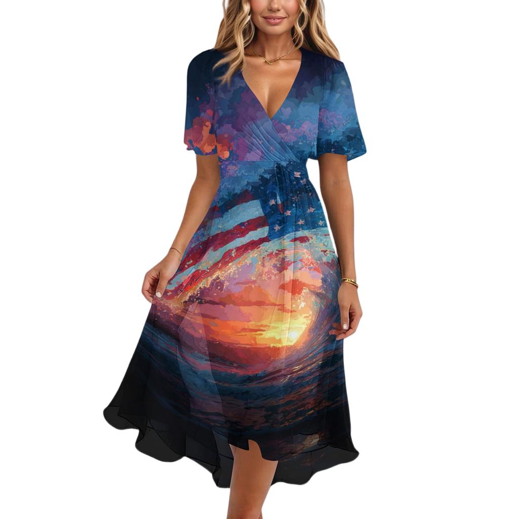 Women's Casual V-Neck Short-Sleeve Independence Day Print Dress