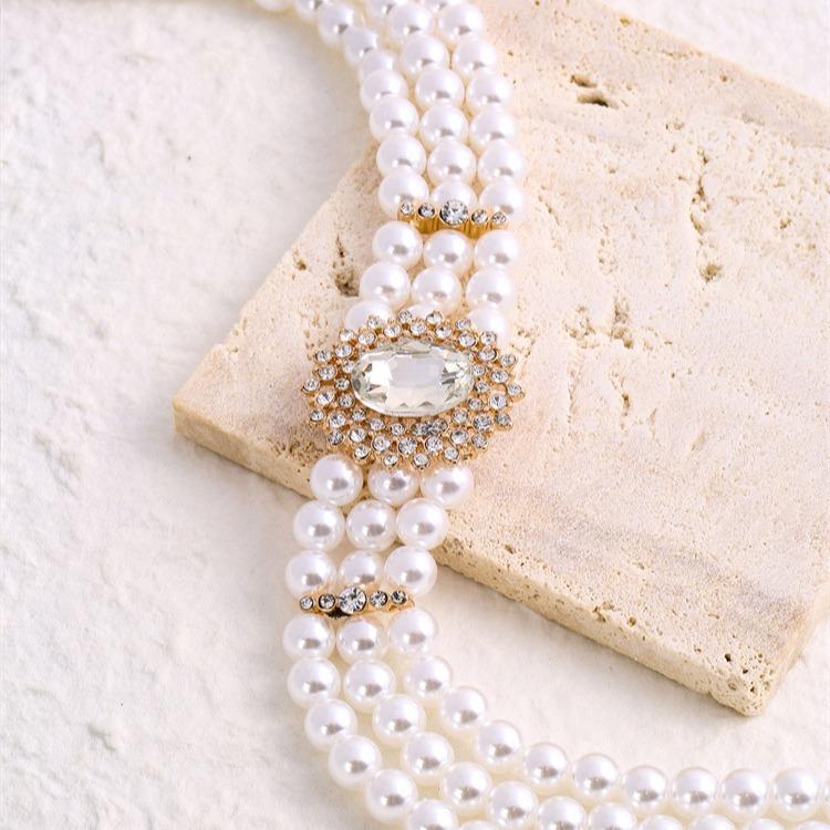 Crystal diamond multi-row imitation pearl necklace exaggerated atmosphere short choker retro Internet celebrity necklace women