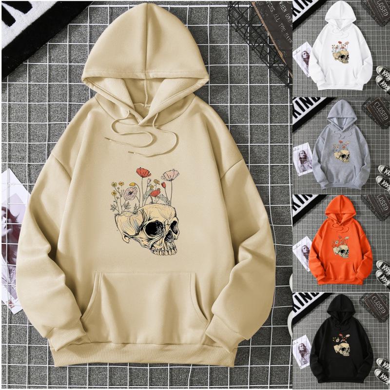 Women's Halloween Skull Hoodie: 2026 Autumn/Winter Loose Fit Plus Velvet Long Sleeve