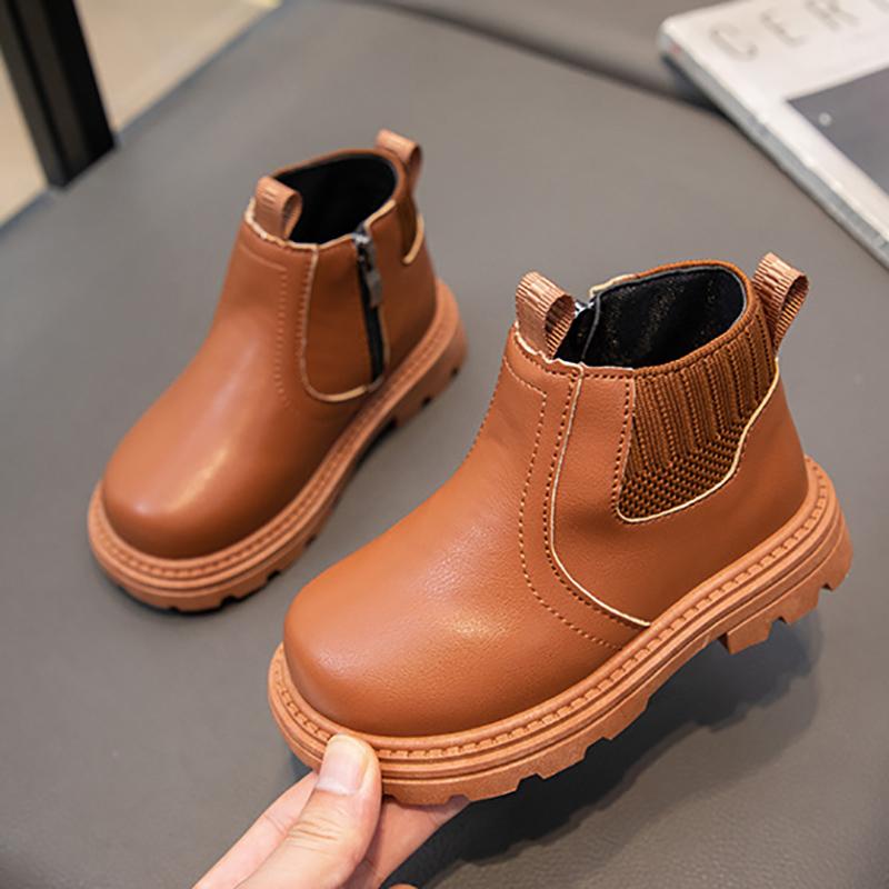 Children's British Style Leather Boots with Side Zipper and Non-Slip Sole