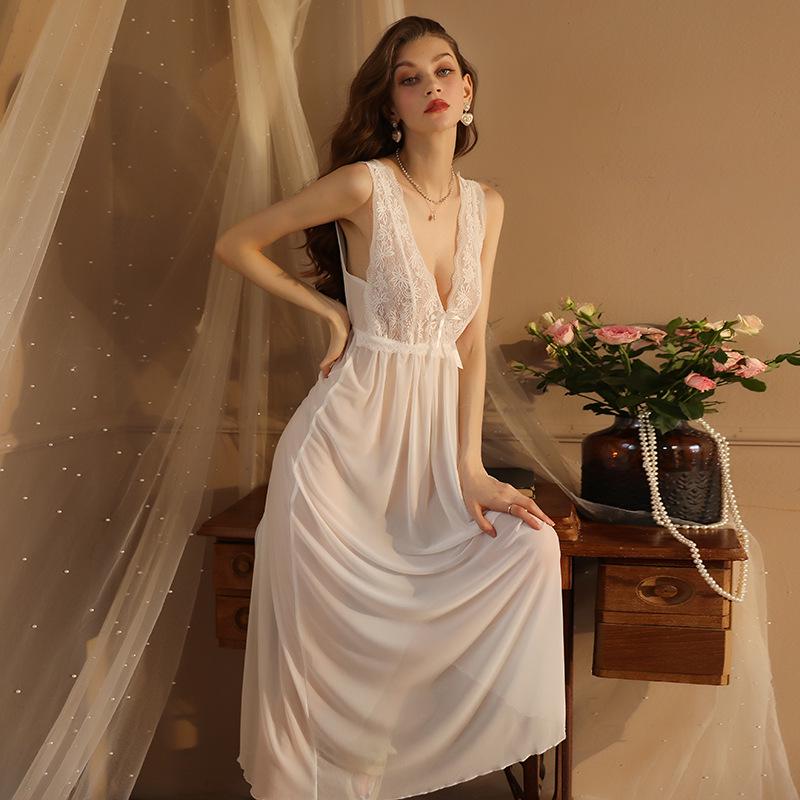 Elegant Women's Wide Strap Mesh Lace Nightgown Pajamas