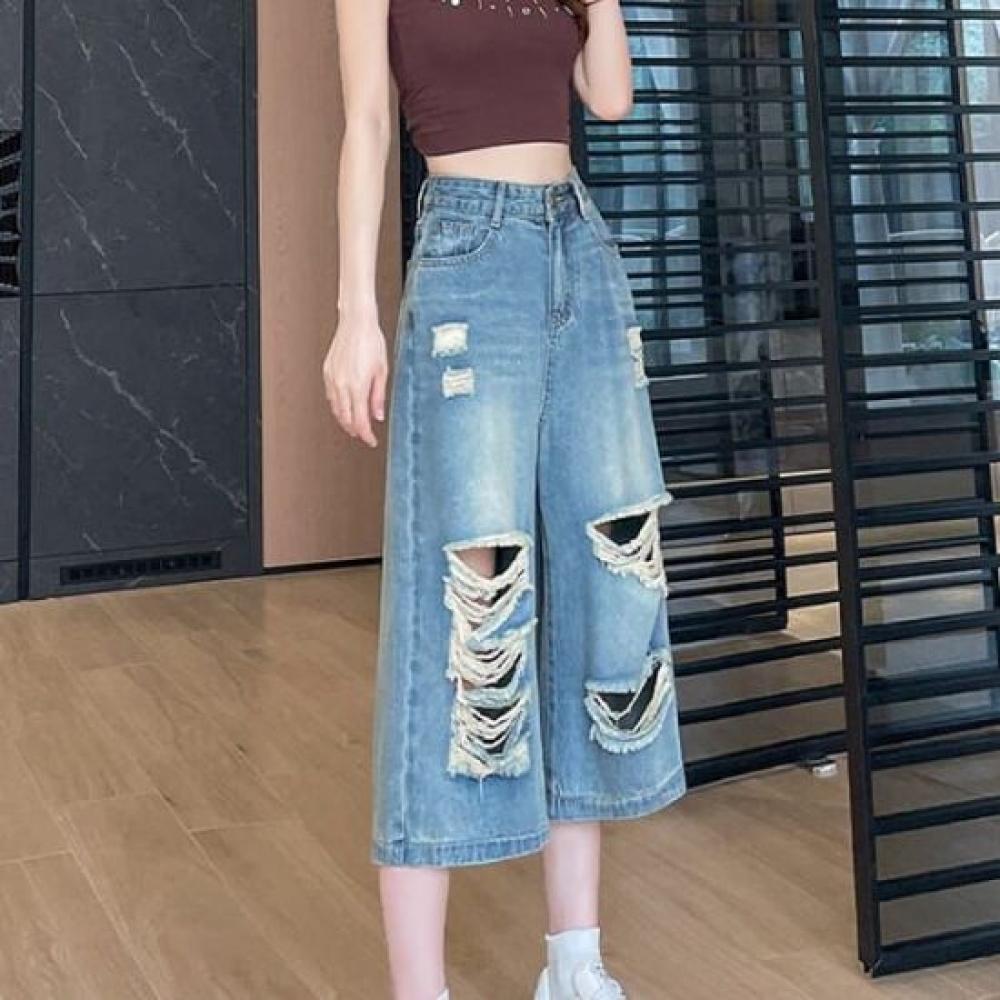 Navava Women Vintage Cutting Point Wide Denim 7 8 Pants Np378