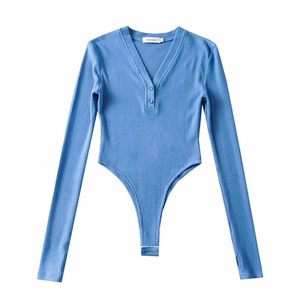 

American Spicy Girl Ribbed Long Sleeve Button-Up Bodysuit – Sexy, Elastic, Autumn Style for Women Small синий