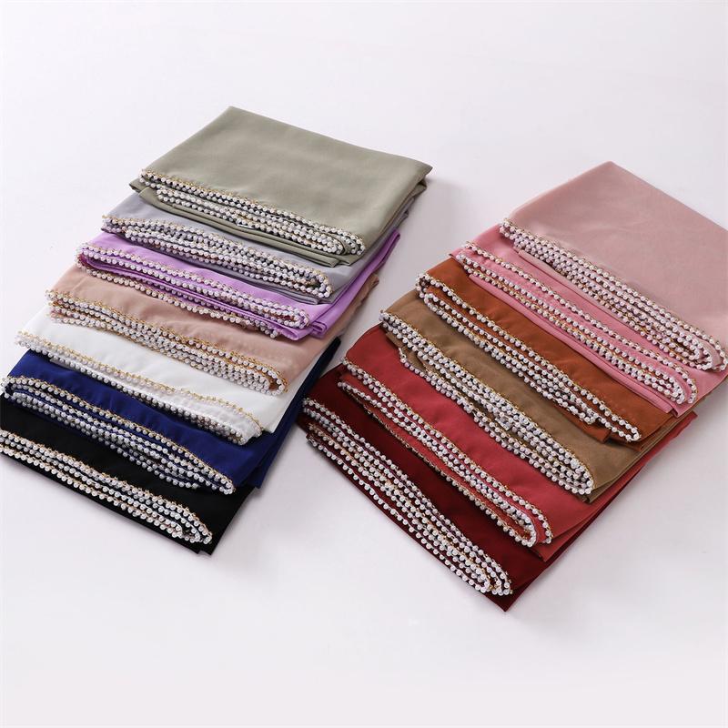 Luxury  Pearl Chain Bubble Chiffon Hijab Veil Ramadan Long Necklace Scarf Shawl Headscarf Bufandas Muslim Headband 175*70Cm