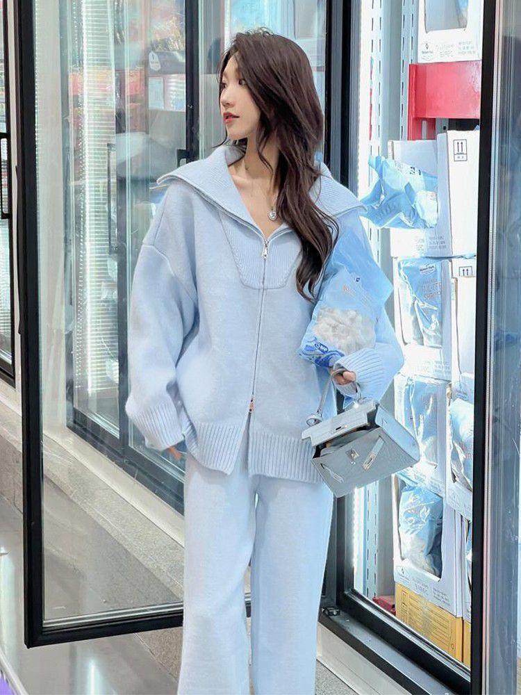 Korean Style Women's Sportswear Set: Zipper Knit Cardigan & Wide-Leg Pants for Autumn/Winter