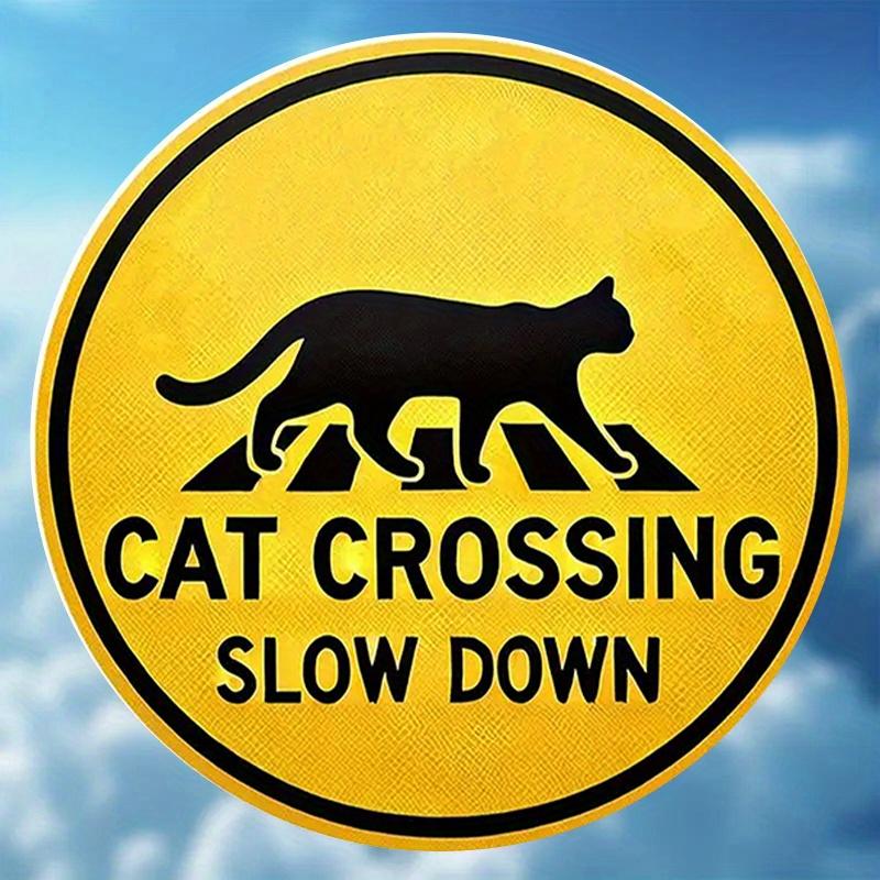 D Flat Yellow CAT CROSSING SLOW DOWN Warning Sign with Black Cat Silhouette Retro Round Metal Tin Sign  Pet Lover Themed W 20x20cm(8x8inch)