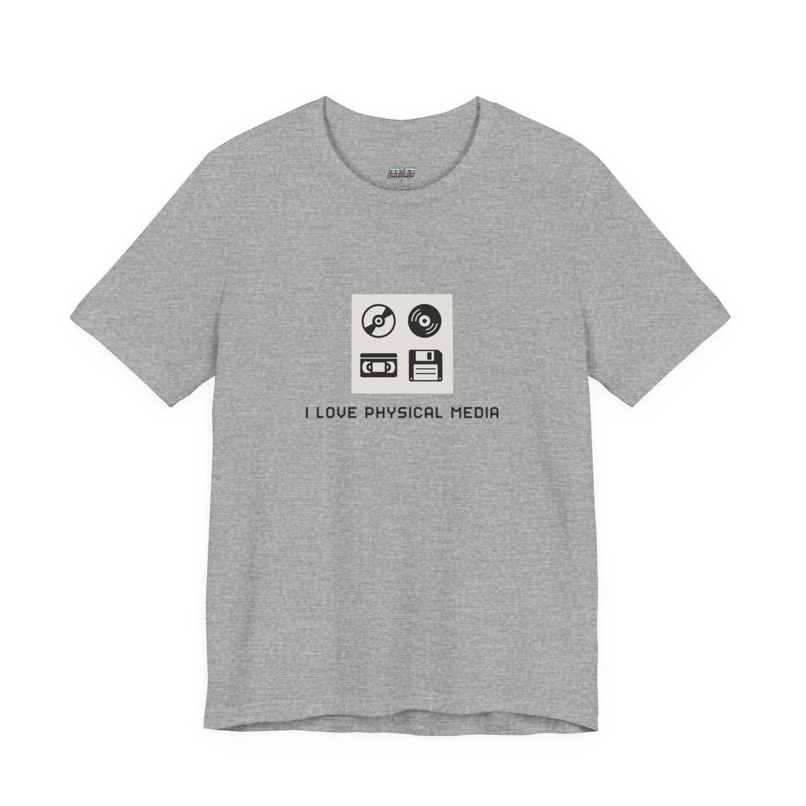 I Love Physical Media T-Shirt — Vintage Vinyl, Cassette & Floppy Icon Tee XL