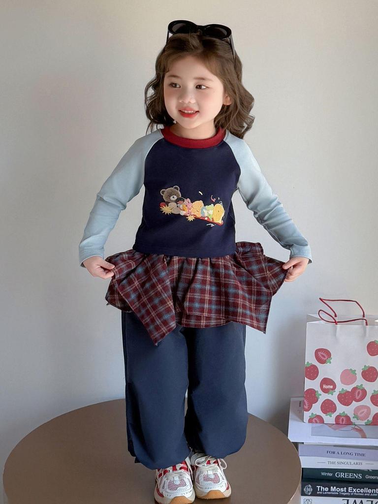 Girls' Korean Cartoon Plaid Bib Overalls Set - Autumn 2025 Edition