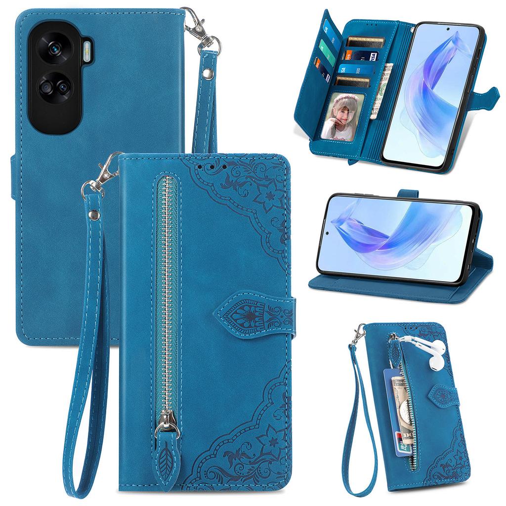 For Honor X50i 5G/90 Lite 5G Zipper Wallet Case with Strap Flower Imprint PU Leather Phone Cover