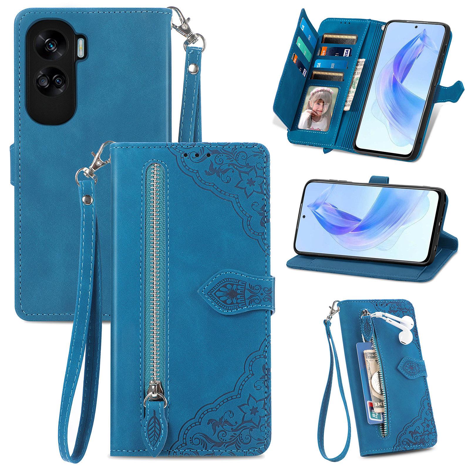 

For Honor X50i 5G/90 Lite 5G Zipper Wallet Case with Strap Flower Imprint PU Leather Phone Cover Blue