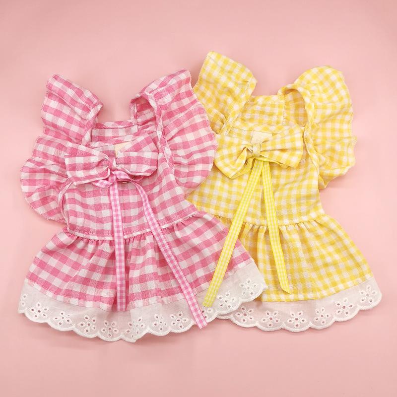 Dog Dress with Plaid Lace Trim for Small Medium Dogs - Checkered Pattern Princess Pet Apparel