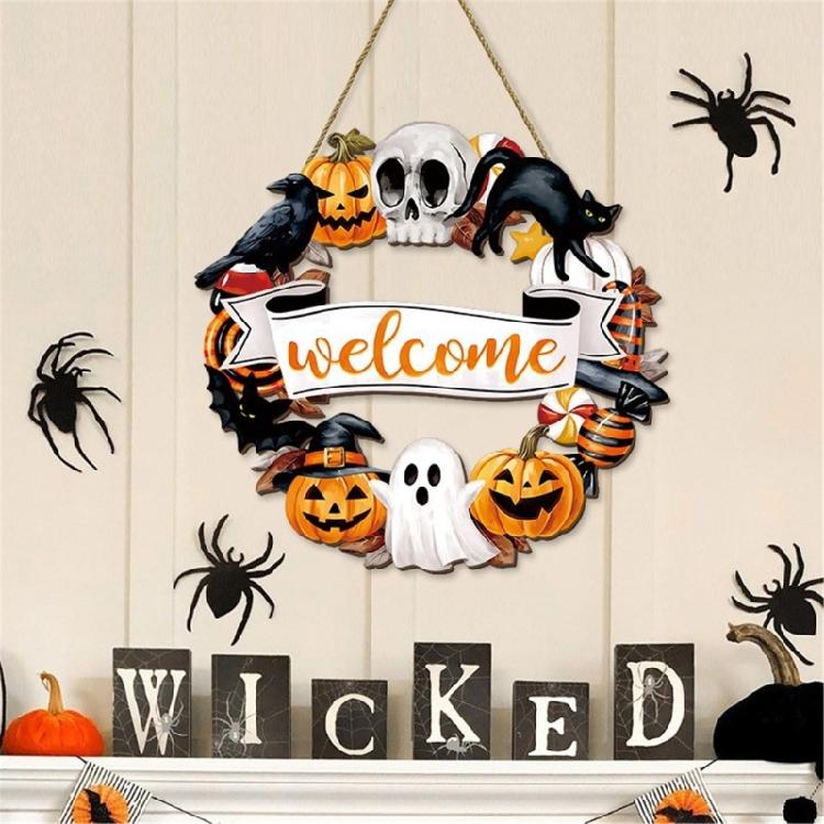 Halloween Türschild Dekoration Hängend Holz Wanddekoration Rustikal Haustür Hänger für Zuhause Zimmer Innen Außen Feiertag