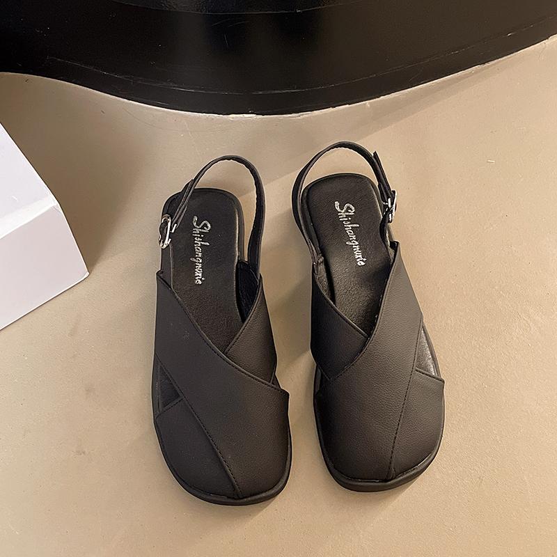 

Fashion Summer Fashion Leather Women Sandals Cross Straps Gladiator Sandals for Women Black Buckle Flat Casual Beach Sandalias De Mujer 35 чёрный