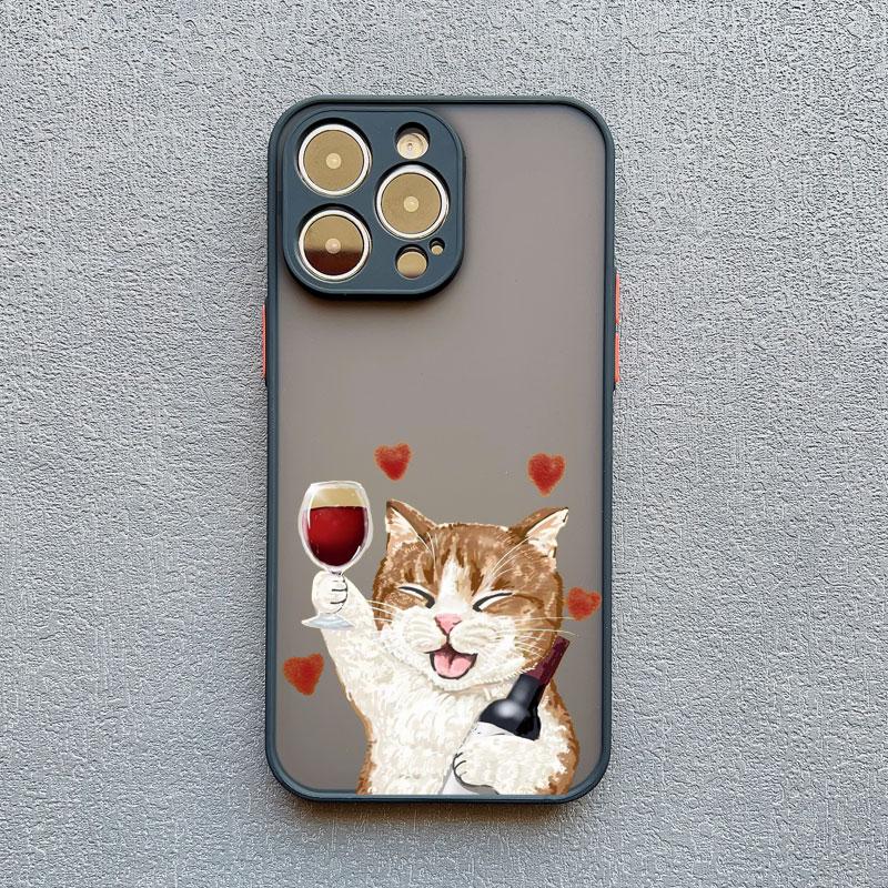 Cute Happy Cat Goblet Red Wine Phone Case For iPhone 15 14 13 Pro Max 16 13 12 11 Pro Max Mini 7 8 15 14 Plus X XS XR Back Cover