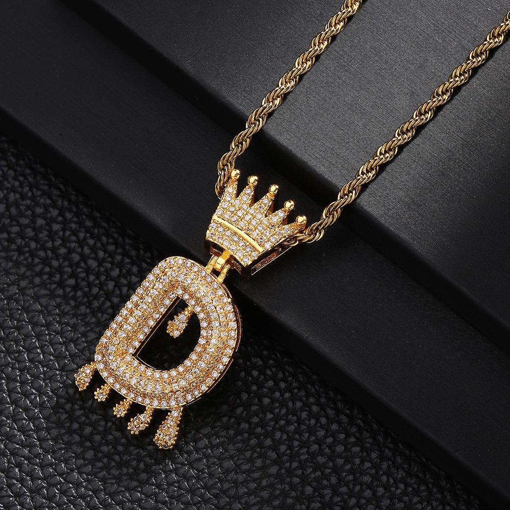 TEMU Hot Selling Fashion Versatile Crown Copper Set with Zircon, 26 English Letter Pendant Necklace, Unisex, Small Market