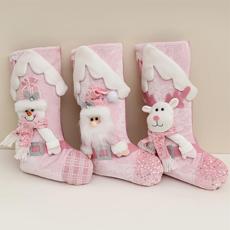 Festive Santa Claus Reindeer Christmas Stocking Pouches Pink Cartoon Roof Design with Santa Hat Scarf, Christmas Decorations