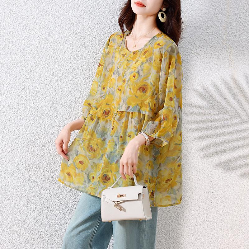 

DIMANAF 2025 Летняя Блузка Большого Размера Оверсайз Футболка Женская Цветочная Свободные Топы Футболки Мода Новая Рубашка 5XL жёлтый