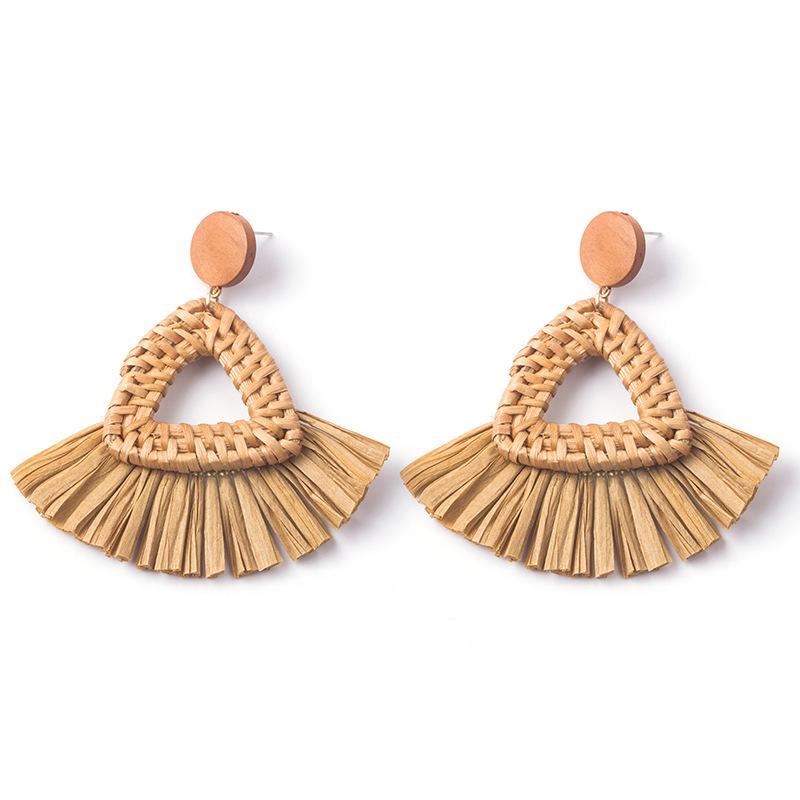 Hand-Woven Geometric Rattan Raffia Earrings, Retro Resort Fan Stud Earrings, Earrings For Women