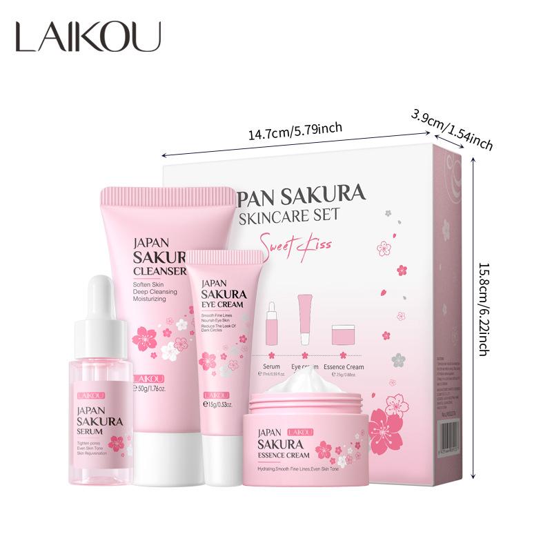 

LAIKOU Sakura Роскошный увлажняющий набор для ухода за кожей лица из 4 предметов Очищающая эссенция Крем для глаз Набор из 4 предметов Отбеливающий и разглаживающий морщины Восстанавливающий набор