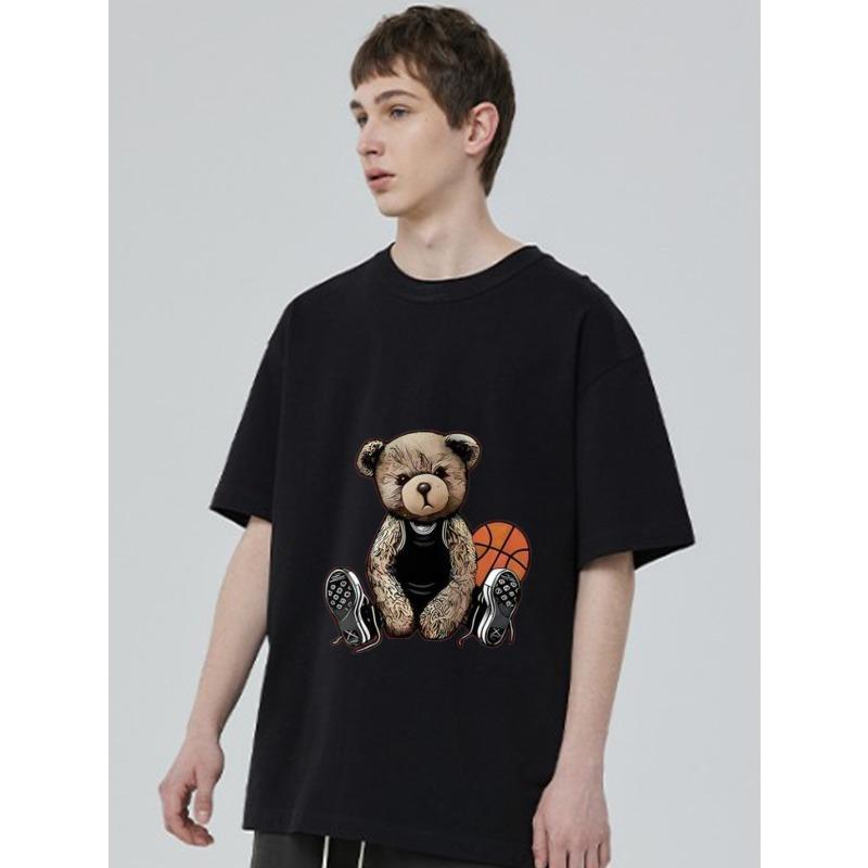 Crewneck T Shirt Black Bear Basketball and Sneakers Print Casual Streetwear for Men and Women