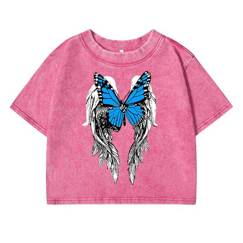 Butterfly Wings Printing Female Washed Short T Shirt Summer Casual Tshirt Street Top Fashion Midriff-Baring Distress Tee