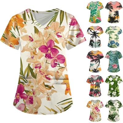 Women's Fashion V-neck Short-sleeved Workwear With Pocket Hawaiian Print Top Carer Suit