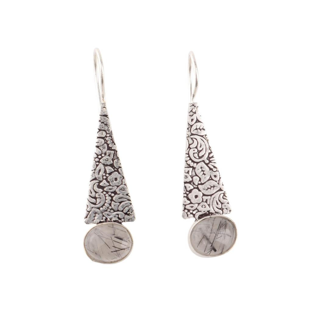 Natural Black Rutile 925 Sterling Silver Jewelry Handmade Earrings 1.9" For Gift EE-165-28