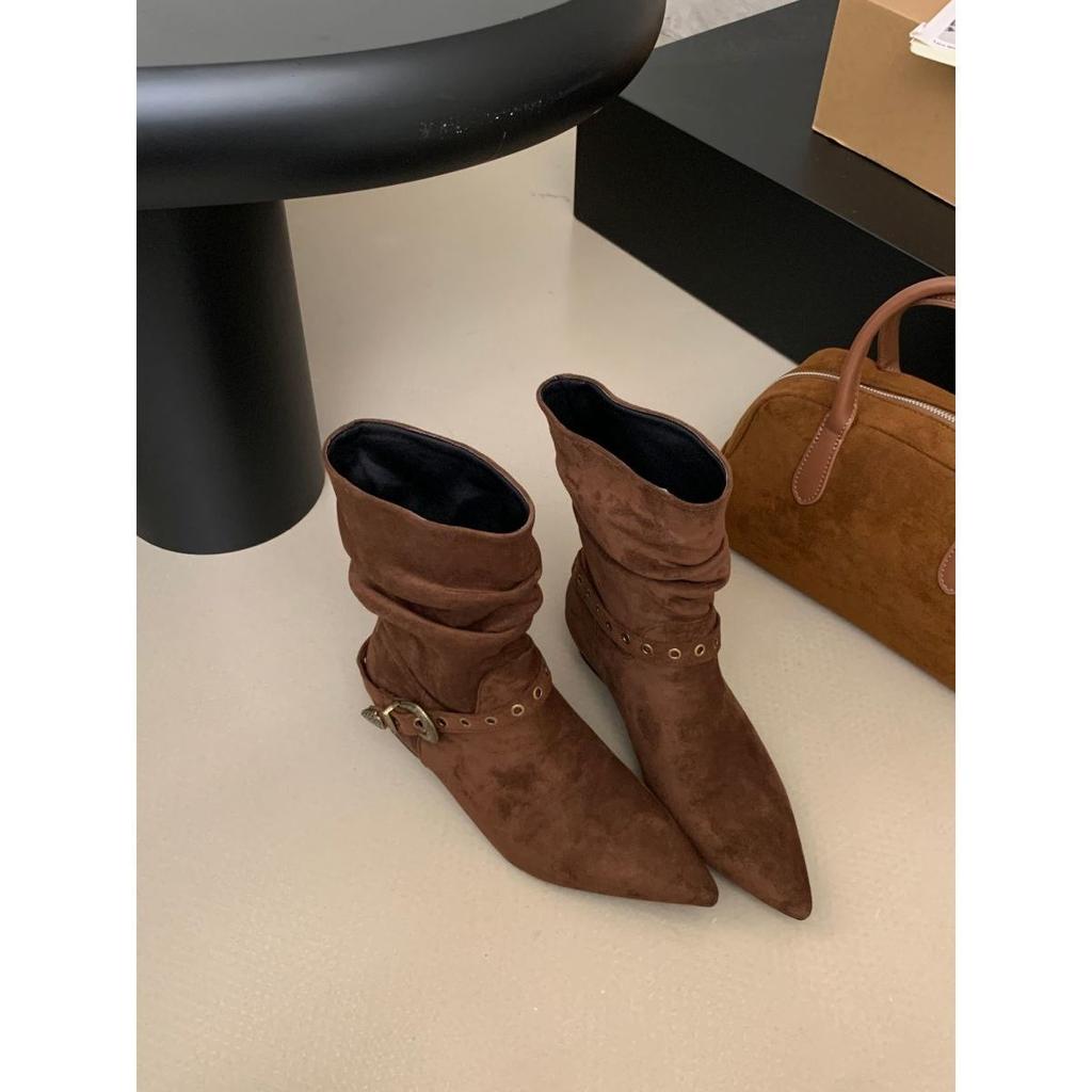 2025 New Pointed Rivet High Heel Short Boots Versatile Medium Tube Bare Boots Suede Western Cowboy Boots Fashion Short Boots Women