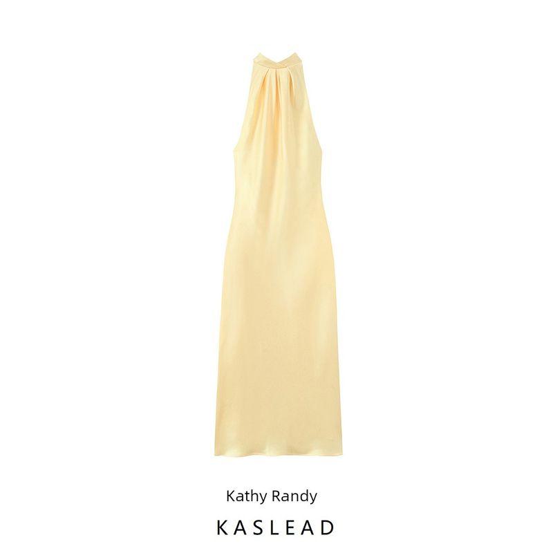 Kaslead New Women Clothes Western Style Fashion Silk Satin Texture Neck Collar Midi Dress 3592399