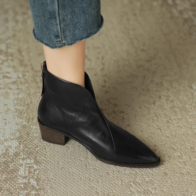 Fashion Pointed Brown Retro Ankle Boots Women's Autumn Winter British Style V-neck Short Boots Woman's Medium Heel Leather Shoes Zapatos