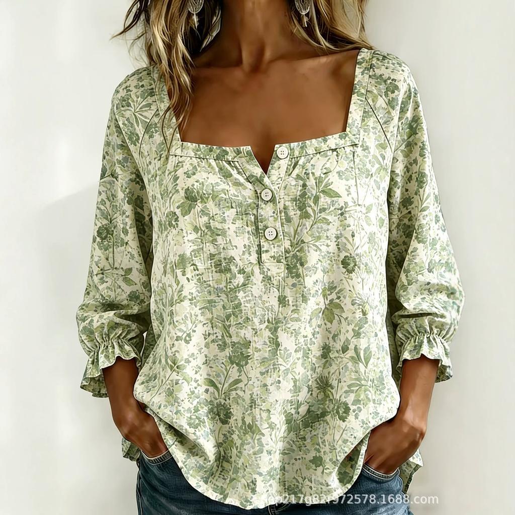New Xiyin Summer T-Shirt Women's Printed Square Neck Button Bubble Sleeve Women's Top Women's