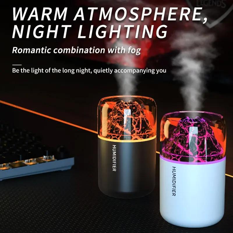 180ML Mini Luftbefeuchter USB Luftreiniger Aroma Ätherisches Öl Diffusor Kreatives Vulkan Farblicht Nebelspray für Auto Zuhause Schlafzimmer