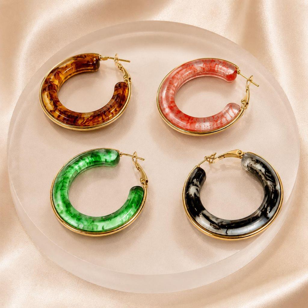 Low Saturation Minimalist Retro Round Hoop Earrings - Stainless Steel & Multi-color Resin